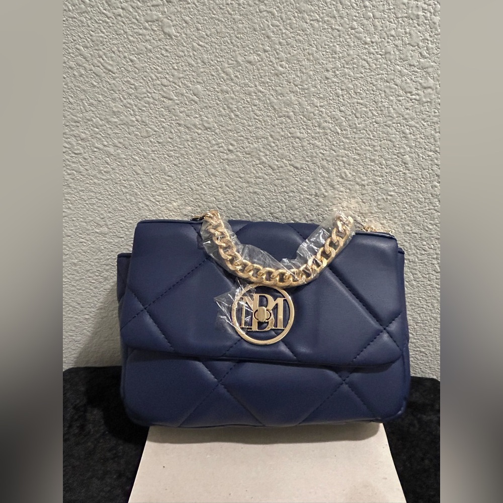 Badgley Mischka Quilted Navy Mini Bag – NWT, Elegant Gold Chain